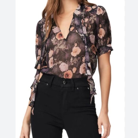 Paige Blouse Womens Small Obsidian Multi Tangi 100% Silk Floral Sheer NWT - Picture 1 of 6